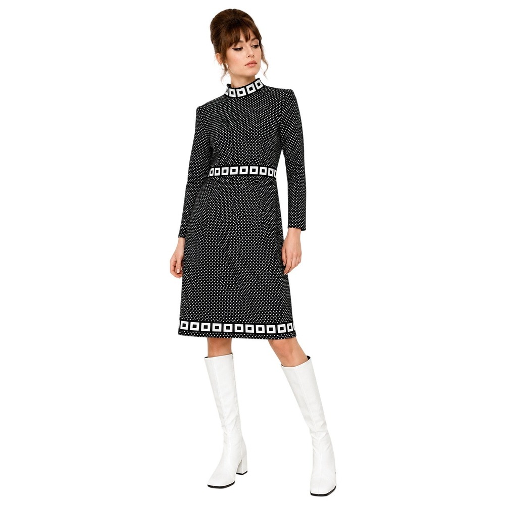 DOMINO Vintage Mod‎ Polka Dot Mini Dress Geometric Trim GoGo Twiggy